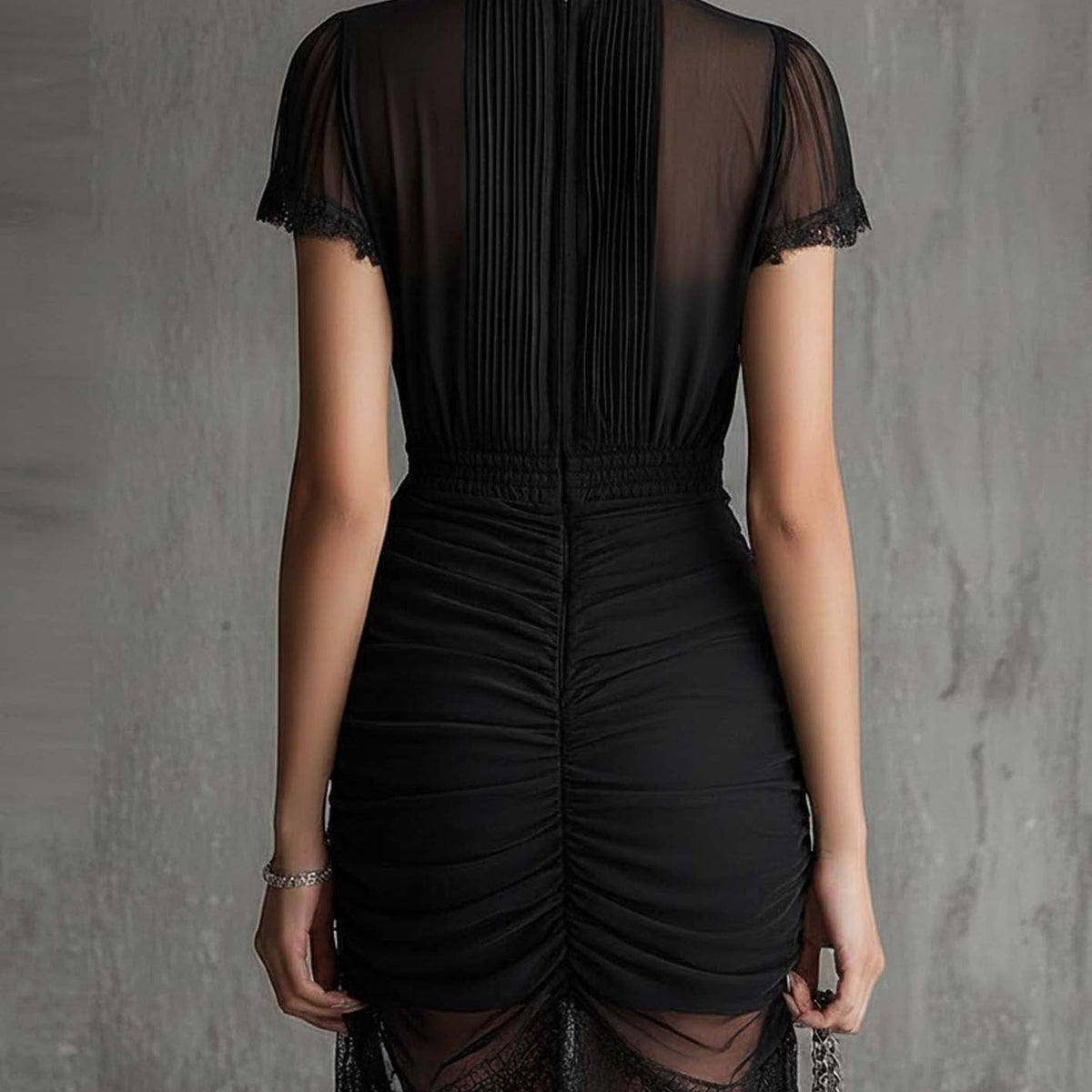 Vigdis — Black Ruched High-Neck Mini Dress with Lace-Trim Hem