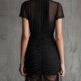 Vigdis — Black Ruched High-Neck Mini Dress with Lace-Trim Hem