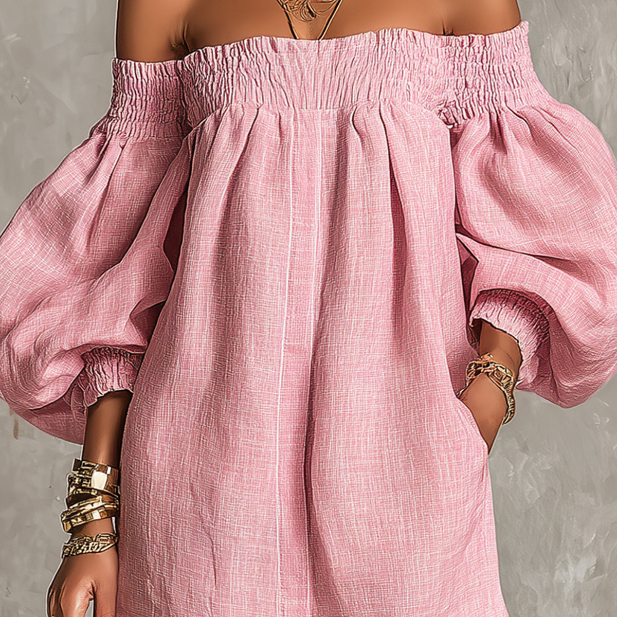 Jorien — Pink Off-Shoulder Mini Dress with Puffed Sleeves