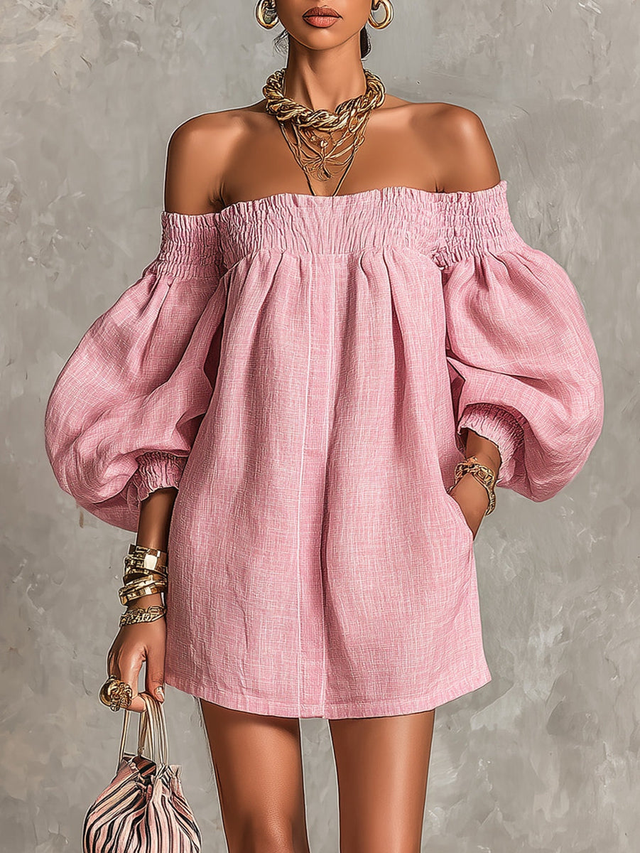 Jorien — Pink Off-Shoulder Mini Dress with Puffed Sleeves