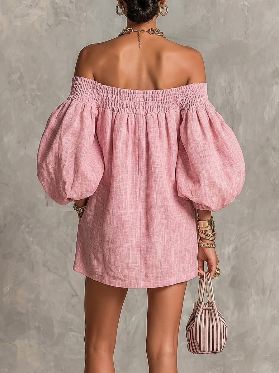 Jorien — Pink Off-Shoulder Mini Dress with Puffed Sleeves