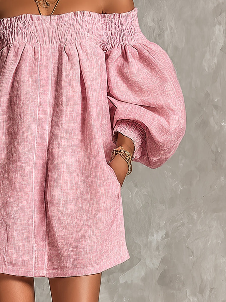 Jorien — Pink Off-Shoulder Mini Dress with Puffed Sleeves