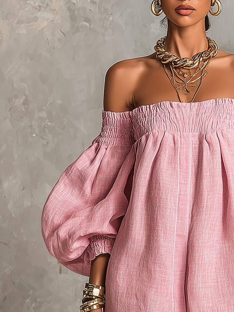 Jorien — Pink Off-Shoulder Mini Dress with Puffed Sleeves