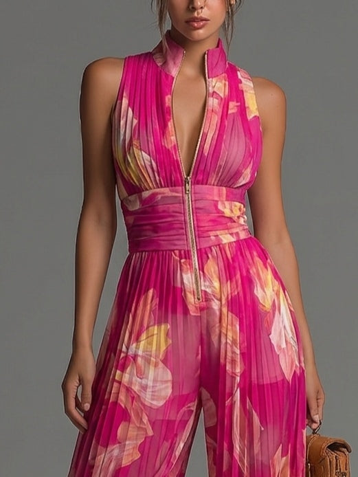 Barbora — Fuchsia Pleated Wide-Leg Jumpsuit