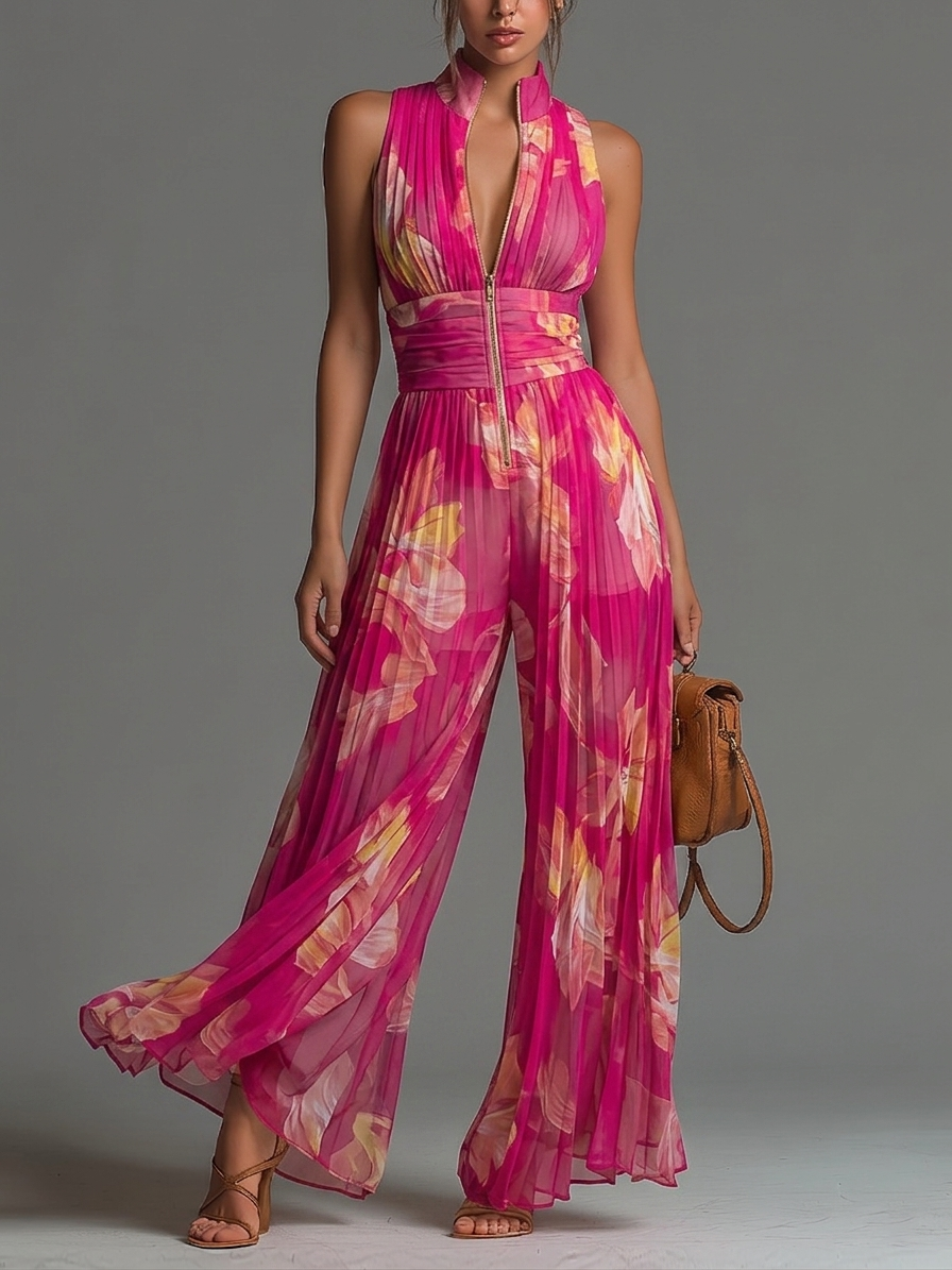 Barbora — Fuchsia Pleated Wide-Leg Jumpsuit
