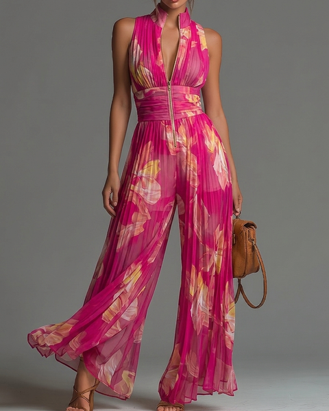 Barbora — Fuchsia Pleated Wide-Leg Jumpsuit