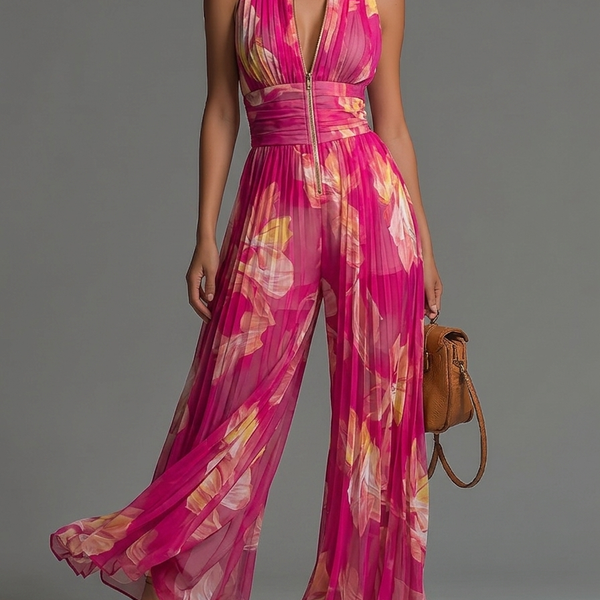 Barbora — Fuchsia Pleated Wide-Leg Jumpsuit