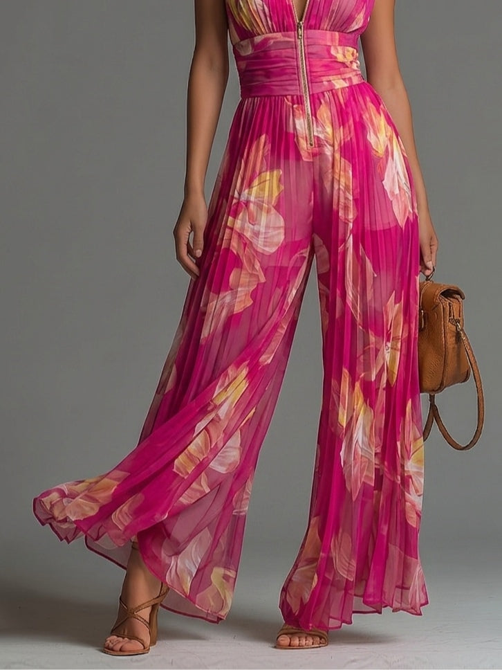 Barbora — Fuchsia Pleated Wide-Leg Jumpsuit