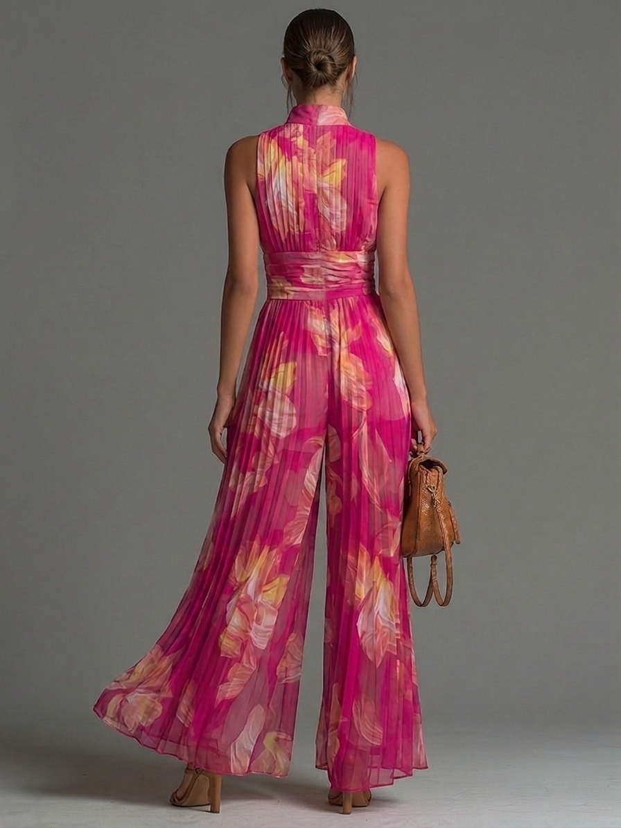 Barbora — Fuchsia Pleated Wide-Leg Jumpsuit
