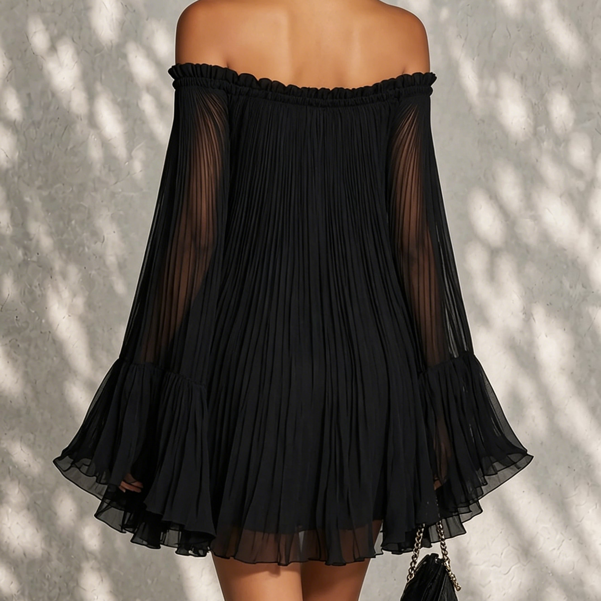 Eluned — Black Off-Shoulder Mini Dress with Sheer Bell Sleeves