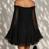 Eluned — Black Off-Shoulder Mini Dress with Sheer Bell Sleeves