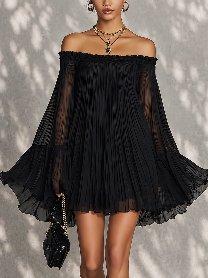 Eluned — Black Off-Shoulder Mini Dress with Sheer Bell Sleeves