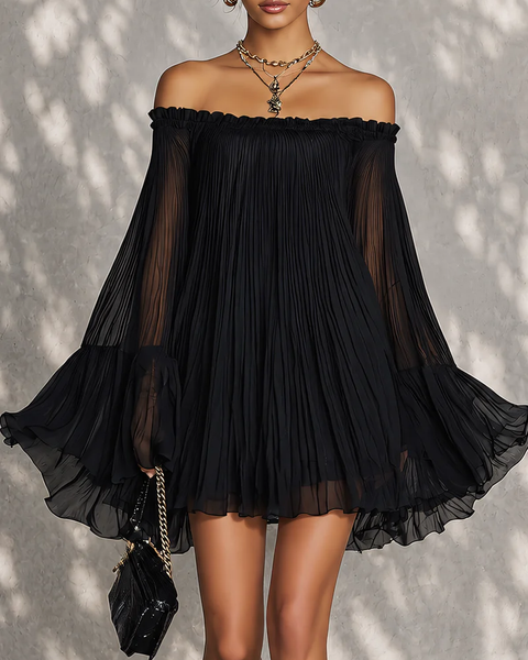 Eluned — Black Off-Shoulder Mini Dress with Sheer Bell Sleeves