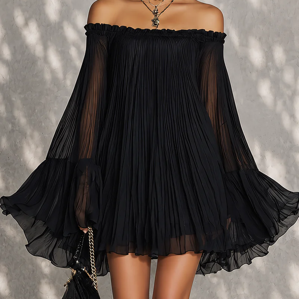 Eluned — Black Off-Shoulder Mini Dress with Sheer Bell Sleeves