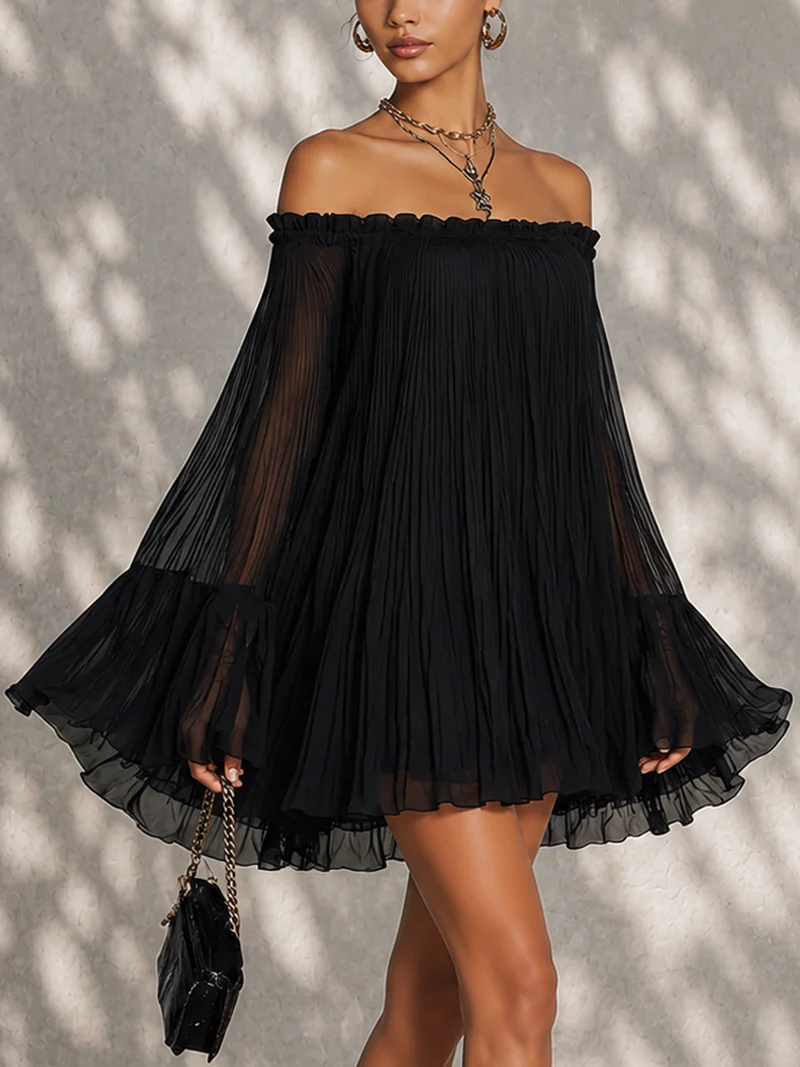 Eluned — Black Off-Shoulder Mini Dress with Sheer Bell Sleeves