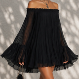 Eluned — Black Off-Shoulder Mini Dress with Sheer Bell Sleeves