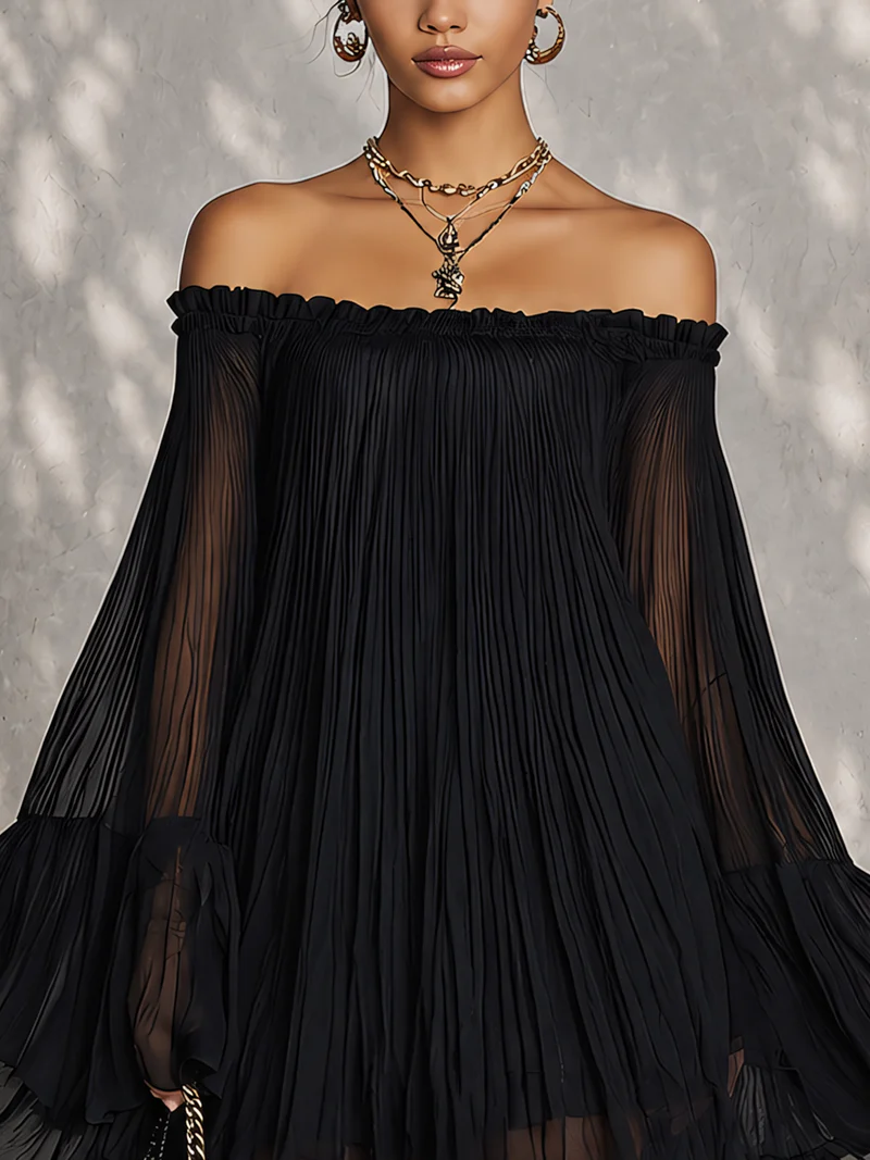 Eluned — Black Off-Shoulder Mini Dress with Sheer Bell Sleeves