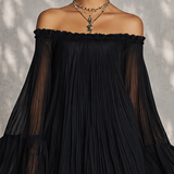 Eluned — Black Off-Shoulder Mini Dress with Sheer Bell Sleeves