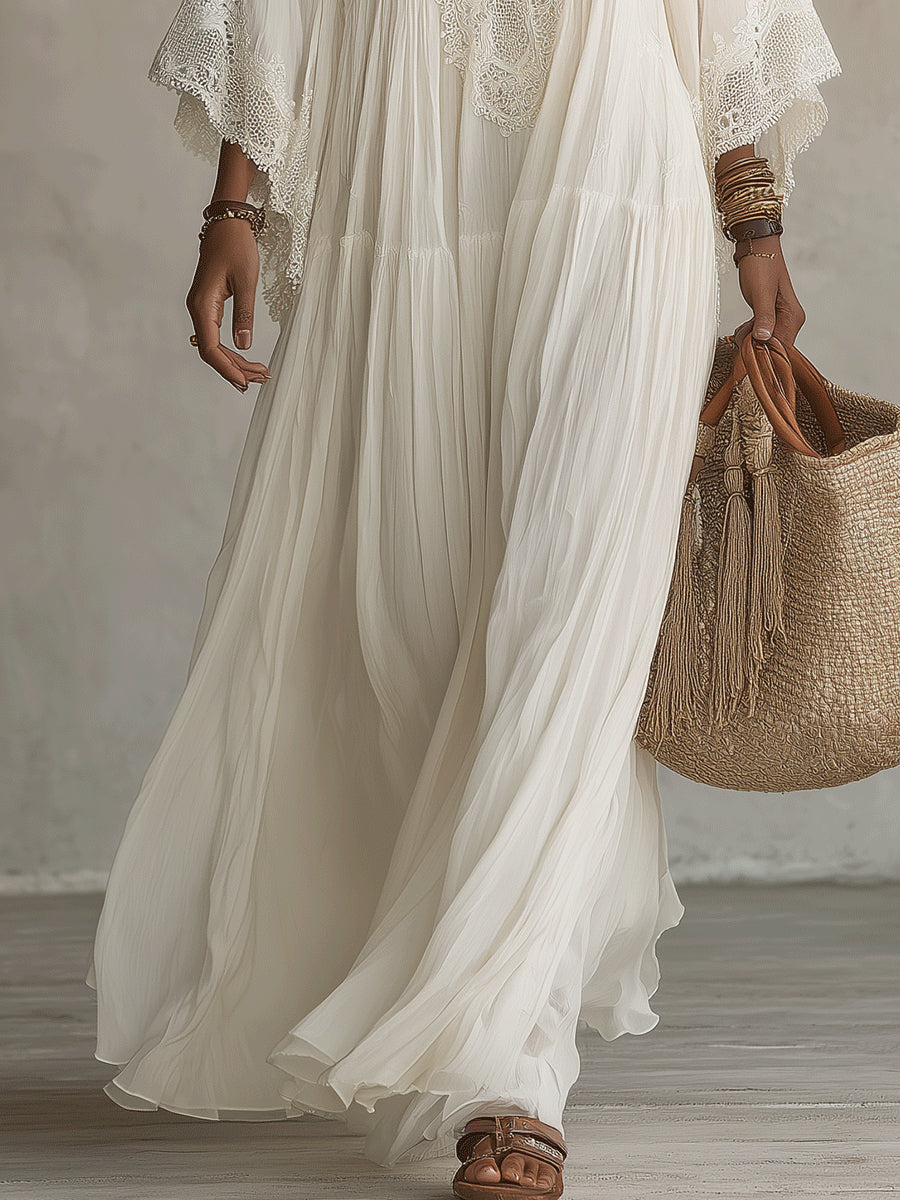 Eadgyth — White Lace-Trim Maxi Dress with Flowing Sleeves