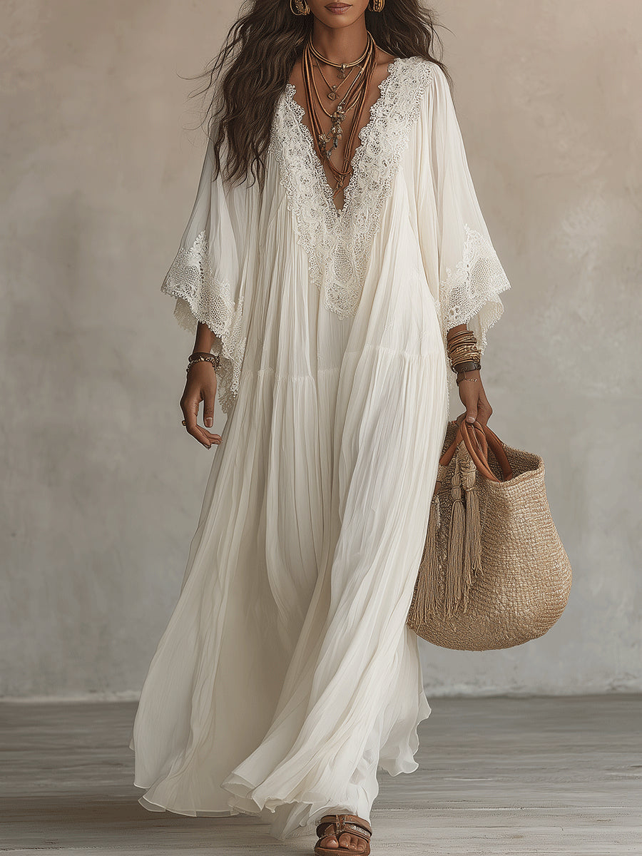 Eadgyth — White Lace-Trim Maxi Dress with Flowing Sleeves