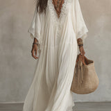 Eadgyth — White Lace-Trim Maxi Dress with Flowing Sleeves
