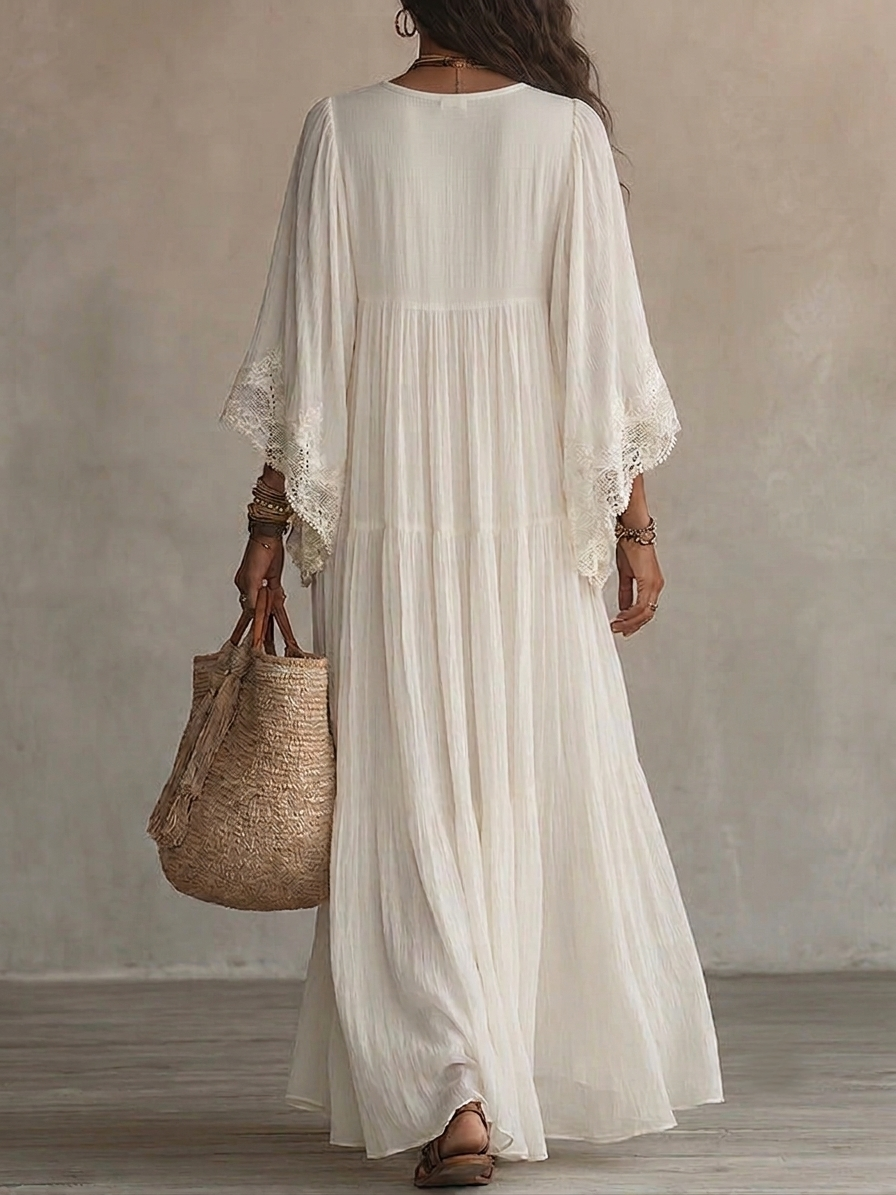 Eadgyth — White Lace-Trim Maxi Dress with Flowing Sleeves
