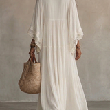 Eadgyth — White Lace-Trim Maxi Dress with Flowing Sleeves