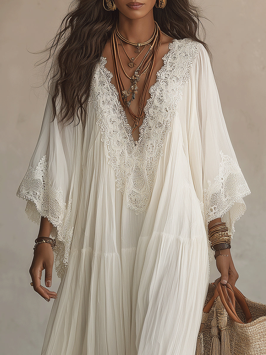 Eadgyth — White Lace-Trim Maxi Dress with Flowing Sleeves
