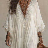 Eadgyth — White Lace-Trim Maxi Dress with Flowing Sleeves