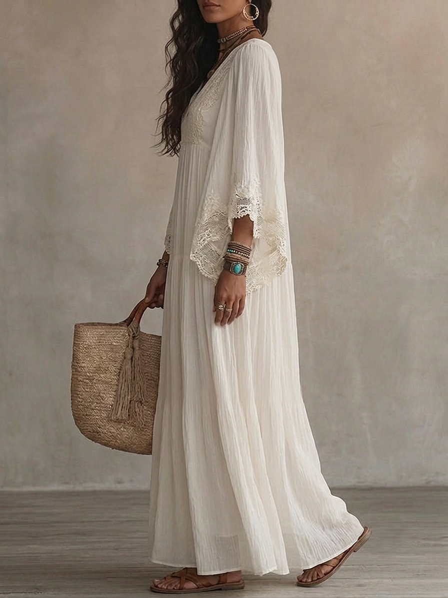 Eadgyth — White Lace-Trim Maxi Dress with Flowing Sleeves