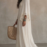 Eadgyth — White Lace-Trim Maxi Dress with Flowing Sleeves