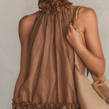 Vendela — Brown High-Neck Halter Mini Dress with Ruffle Detail