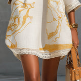 Ailsa — Ivory Gold-Print V-Neck Tunic Mini Dress with Trim Detail