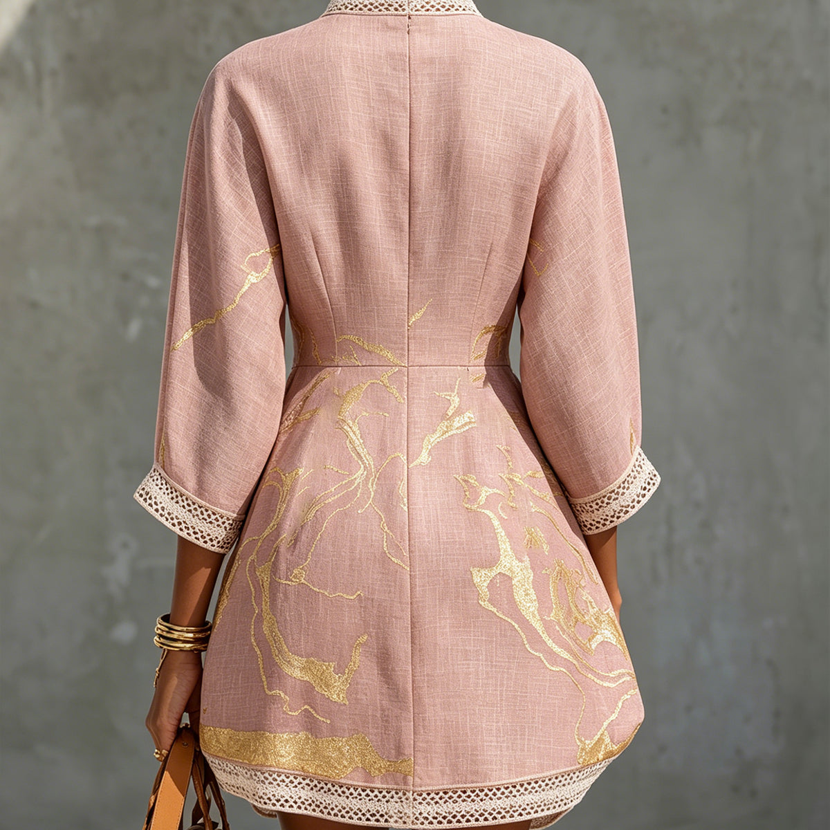 Lowenna — Pink Gold-Print V-Neck Tunic Mini Dress with Trim Detail