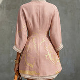 Lowenna — Pink Gold-Print V-Neck Tunic Mini Dress with Trim Detail