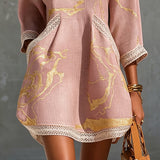 Lowenna — Pink Gold-Print V-Neck Tunic Mini Dress with Trim Detail