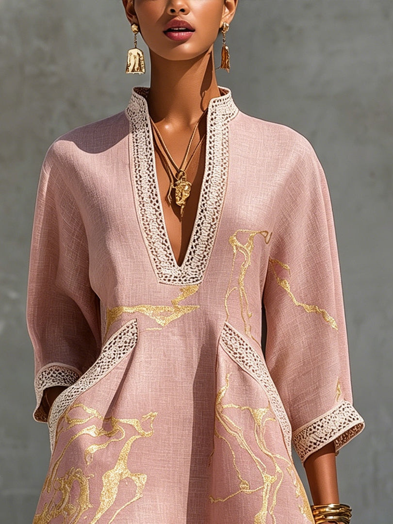 Lowenna — Pink Gold-Print V-Neck Tunic Mini Dress with Trim Detail