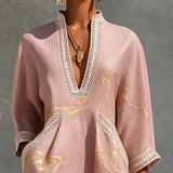 Lowenna — Pink Gold-Print V-Neck Tunic Mini Dress with Trim Detail