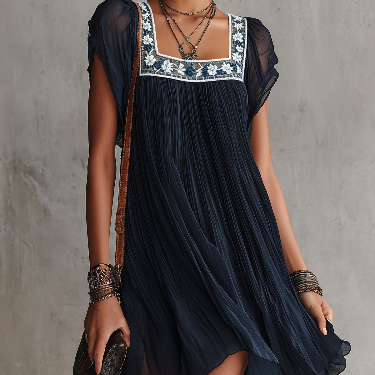 Hanneke — Navy Pleated Mini Dress with Embroidered Square Neckline