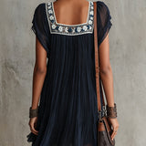 Hanneke — Navy Pleated Mini Dress with Embroidered Square Neckline
