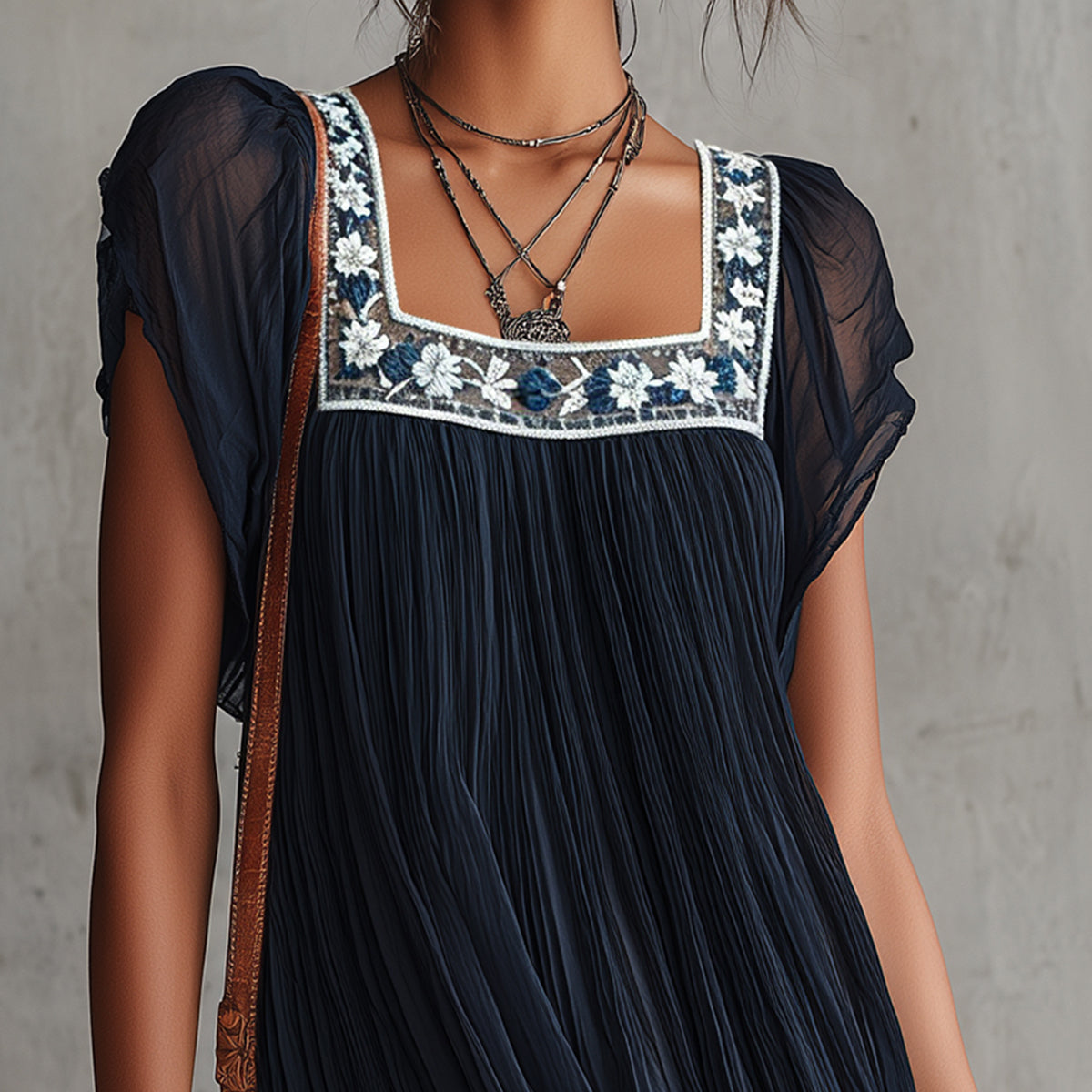 Hanneke — Navy Pleated Mini Dress with Embroidered Square Neckline