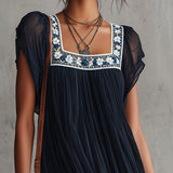 Hanneke — Navy Pleated Mini Dress with Embroidered Square Neckline