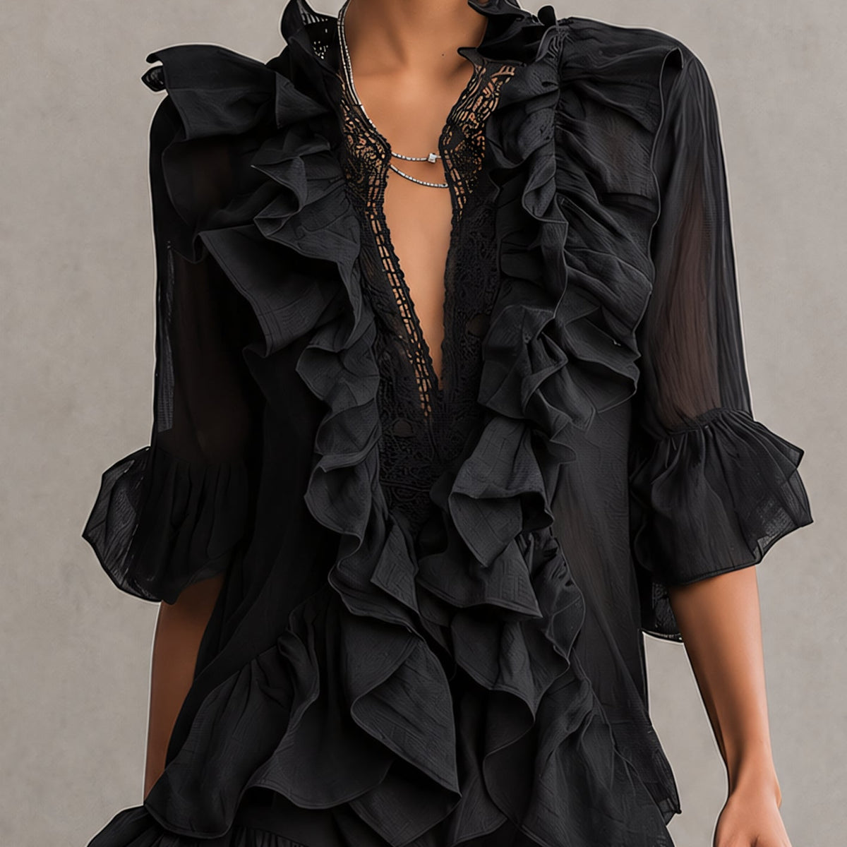 Wenna — Black Ruffle-Front V-Neck Mini Dress with Bell Sleeves