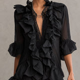 Wenna — Black Ruffle-Front V-Neck Mini Dress with Bell Sleeves