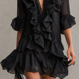 Wenna — Black Ruffle-Front V-Neck Mini Dress with Bell Sleeves