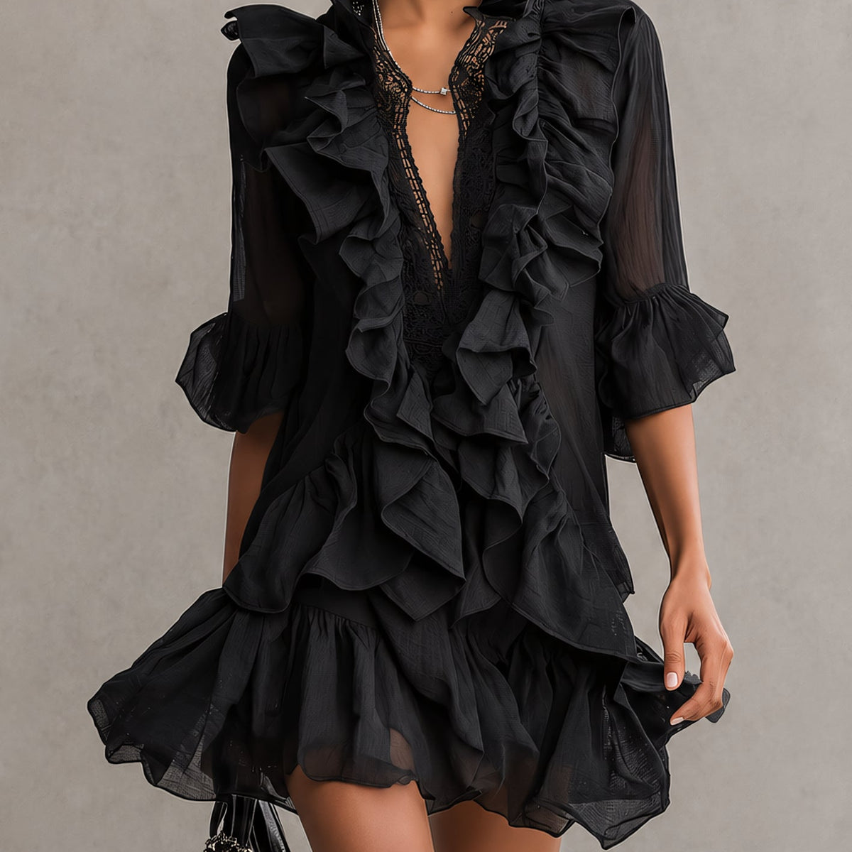 Wenna — Black Ruffle-Front V-Neck Mini Dress with Bell Sleeves