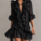 Wenna — Black Ruffle-Front V-Neck Mini Dress with Bell Sleeves