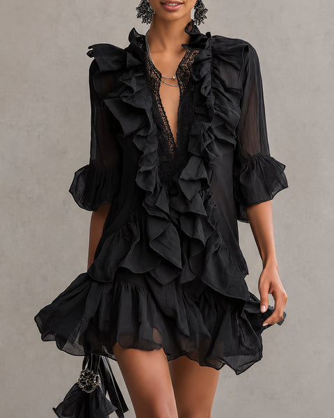 Wenna — Black Ruffle-Front V-Neck Mini Dress with Bell Sleeves
