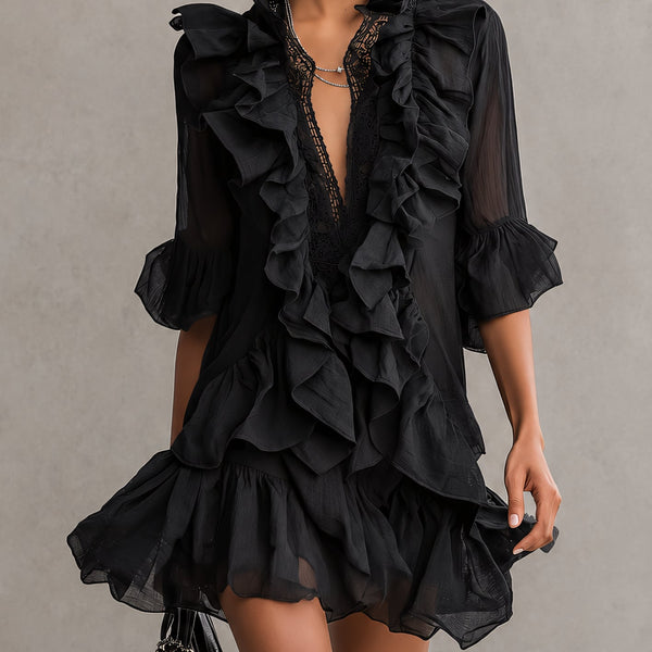 Wenna — Black Ruffle-Front V-Neck Mini Dress with Bell Sleeves