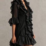 Wenna — Black Ruffle-Front V-Neck Mini Dress with Bell Sleeves